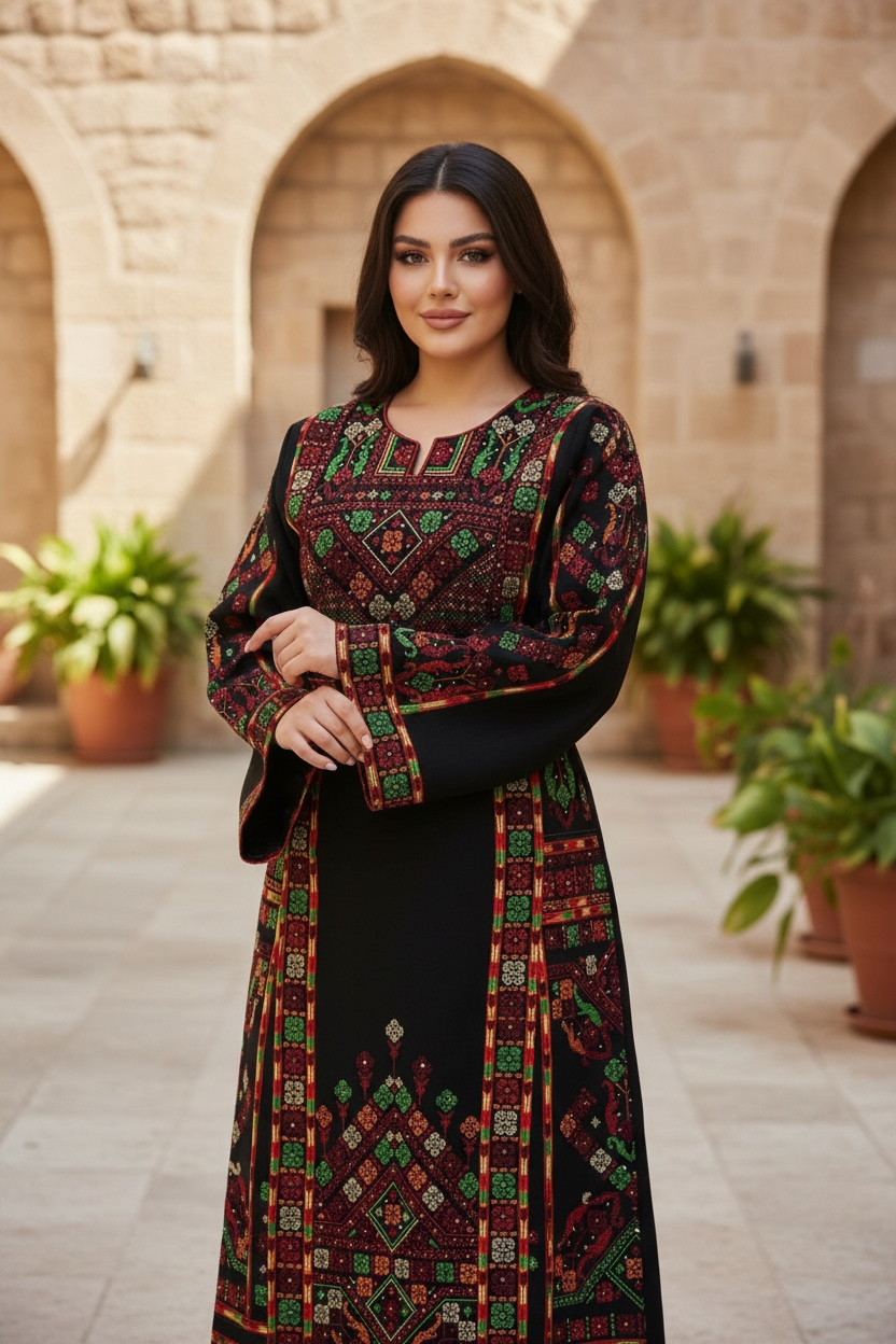 Elegant Black Thobe with Colorful Geometric Embroidery