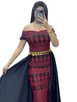 Load image into Gallery viewer, Black /Red Dress Off Shoulder Embroidered long Overskirt
