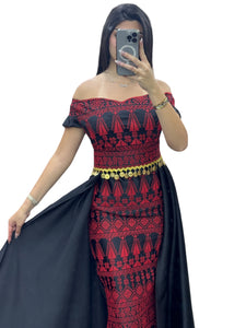 Black /Red Dress Off Shoulder Embroidered long Overskirt