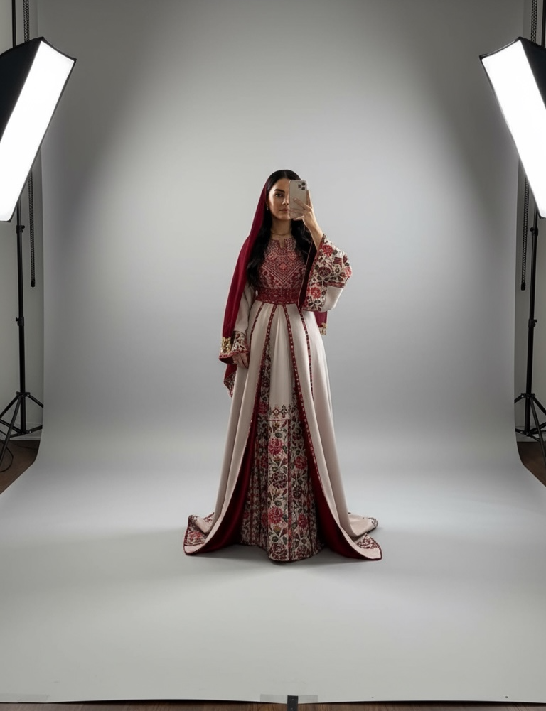 Light beige Elegance Thoub with Overskirt Thoub with Floral Embroidery