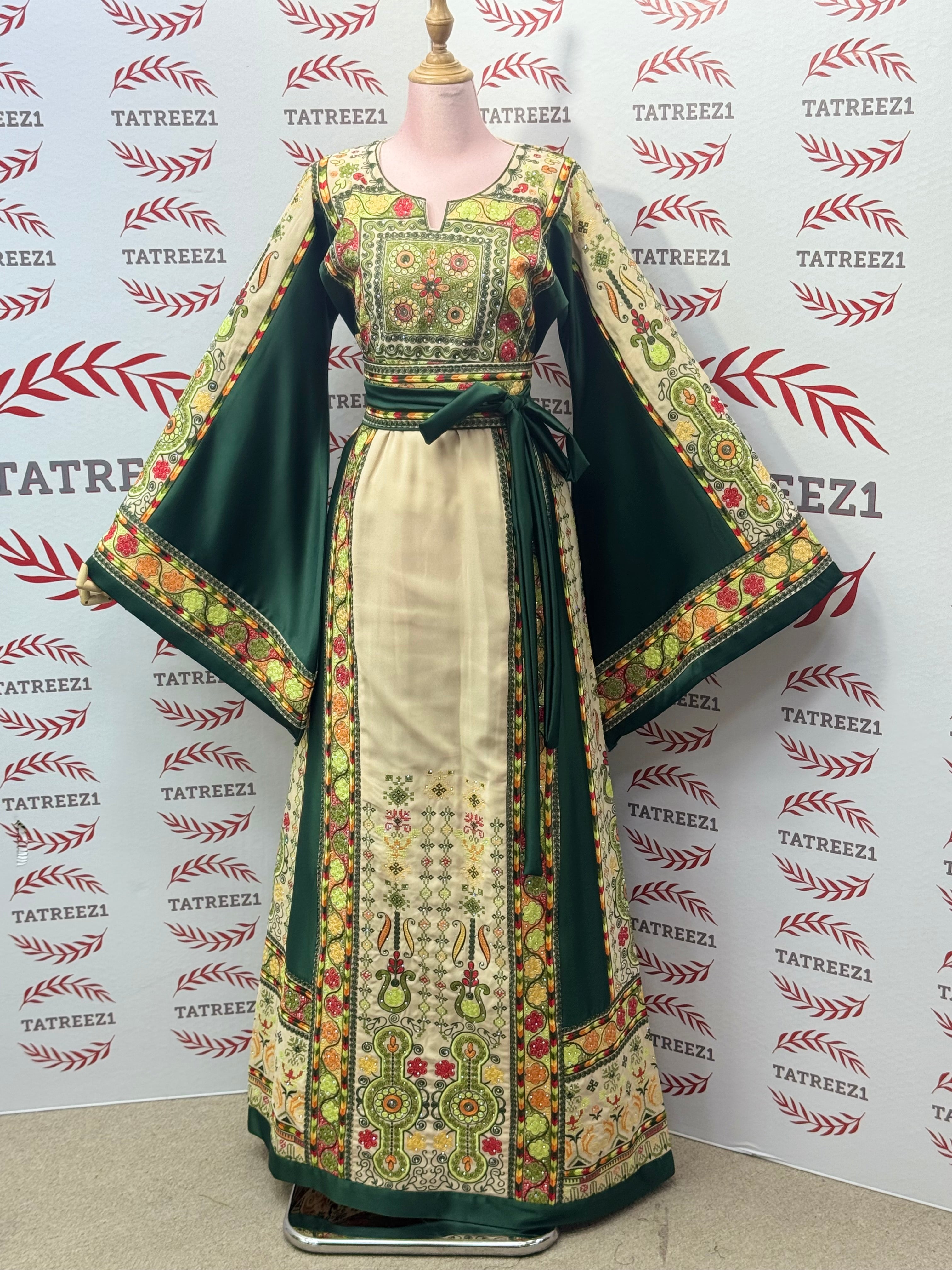 The Green & Cream Palestinian Tatreez Thobe Heritage Elegance Embroidered Dress
