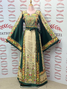 The Green & Cream Palestinian Tatreez Thobe Heritage Elegance Embroidered Dress