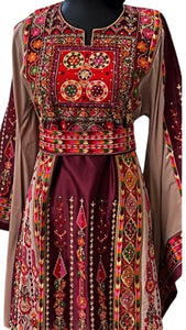 Deep Maroon Embroidery Traditional Palestinian Thobe Machine Made