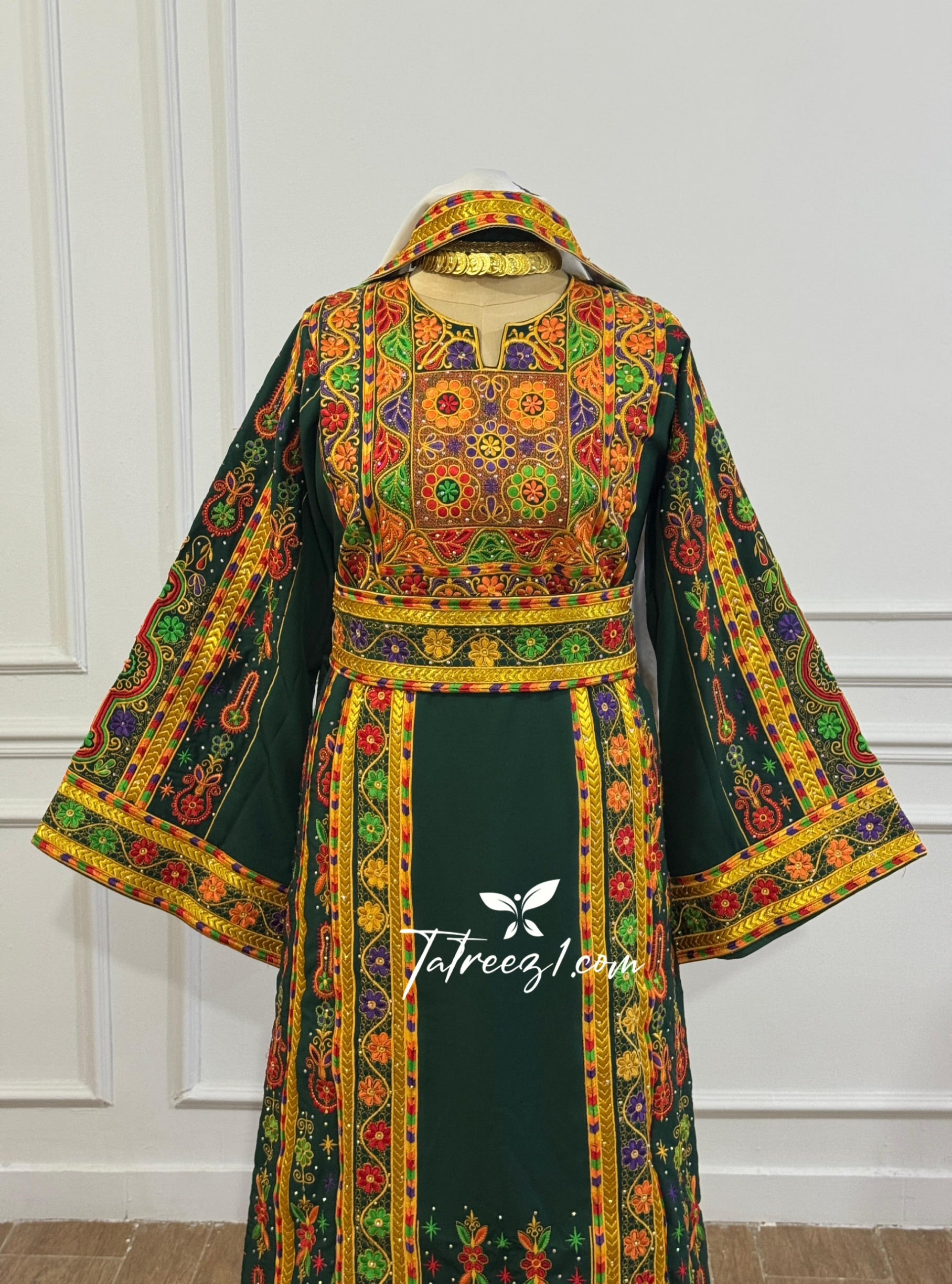 Traditional Palestinian Thobe – Royal Forest Green | Full Set with Headscarf
