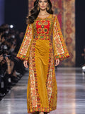 Qasab Mustard Gold Malacca Silk Velvet Thoub with Embroidery