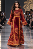 Maroon Gold Embroidery Silk Velvet Stone Thobe
