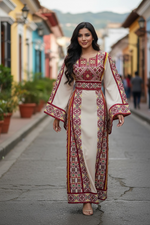 Charger l'image dans la galerie, Red Embroidered Palestinian Thobe with Wide Sleeves and Belt
