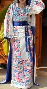 Load image into Gallery viewer, White Stunning Thoub with Floral Blue/Pink Embroidery and Overskirt.
