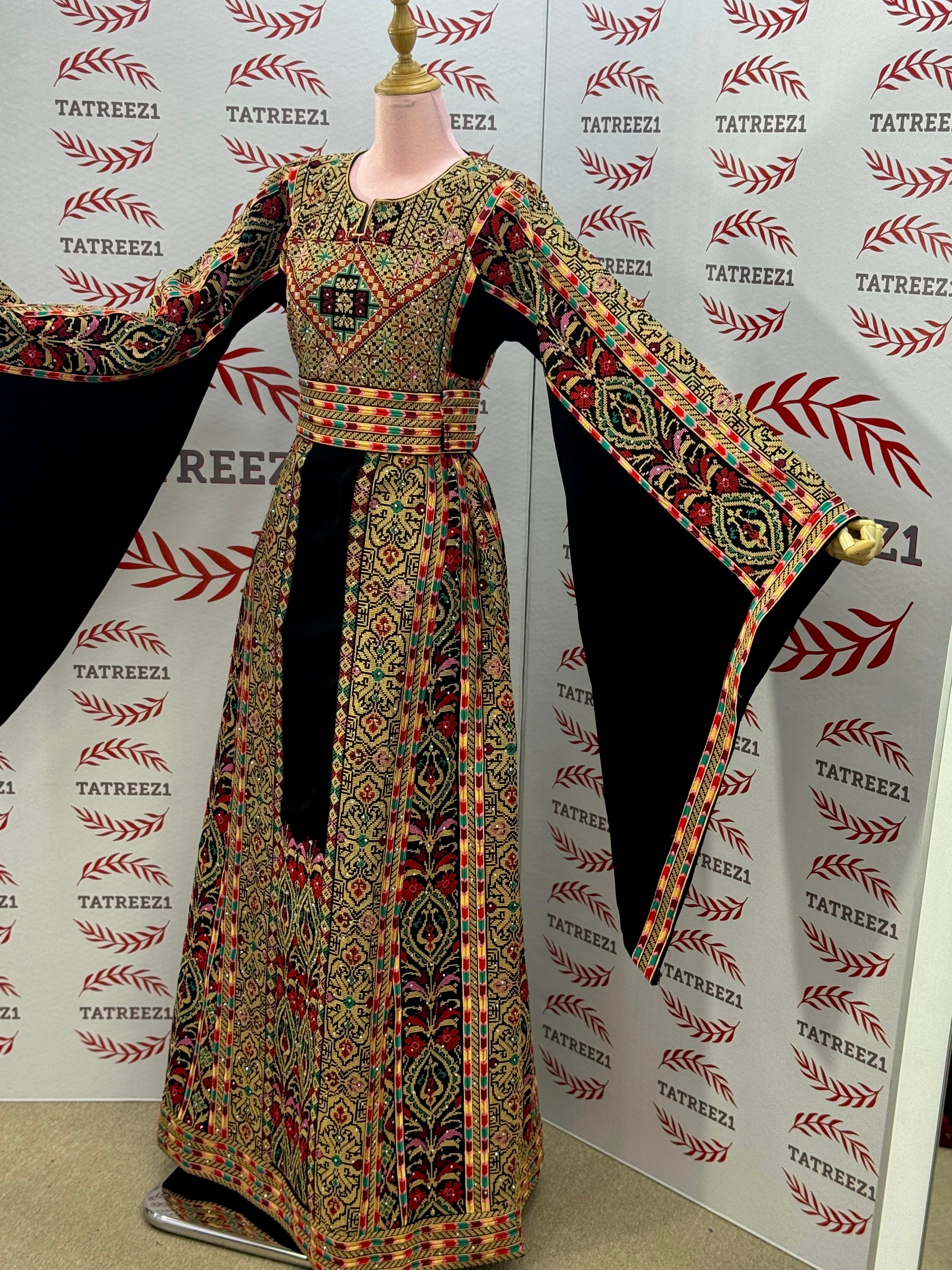 Gold-toned embroidered Palestinian thobe Thobe with Matching Embroidered Belt