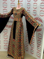 Load image into Gallery viewer, Gold-toned embroidered Palestinian thobe Thobe with Matching Embroidered Belt
