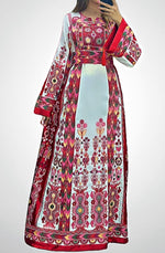 Load image into Gallery viewer, White &amp; Red Multicolored Embroidered Palestinian Fellahi Thobe
