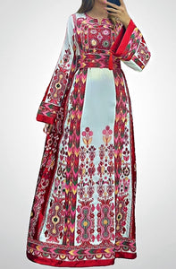 White & Red Multicolored Embroidered Palestinian Fellahi Thobe