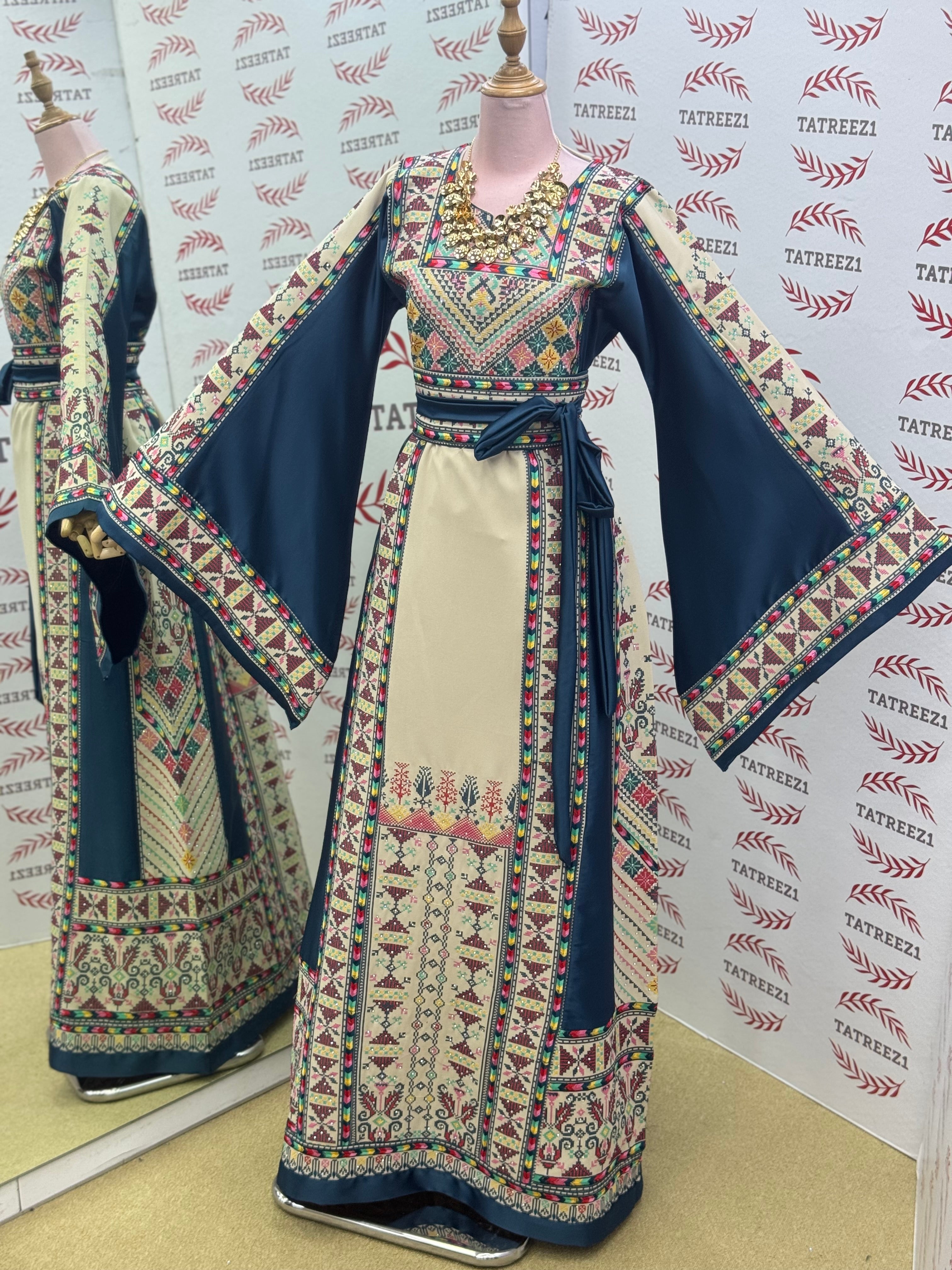 Beige Color thoub Blue Embroidered Palestinian Fellahi Thobe With Belt