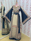 Beige thoub Blue Embroidered Palestinian Fellahi Thobe With Belt