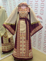 Load image into Gallery viewer, Beige Color thoub Maroon Embroidered Palestinian Fellahi Thobe With Belt
