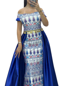 Blue Dress Off Shoulder Embroidered long Overskirt