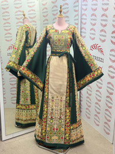 The Green & Cream Palestinian Tatreez Thobe Heritage Elegance Embroidered Dress