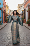Beige thoub Blue Embroidered Palestinian Fellahi Thobe With Belt
