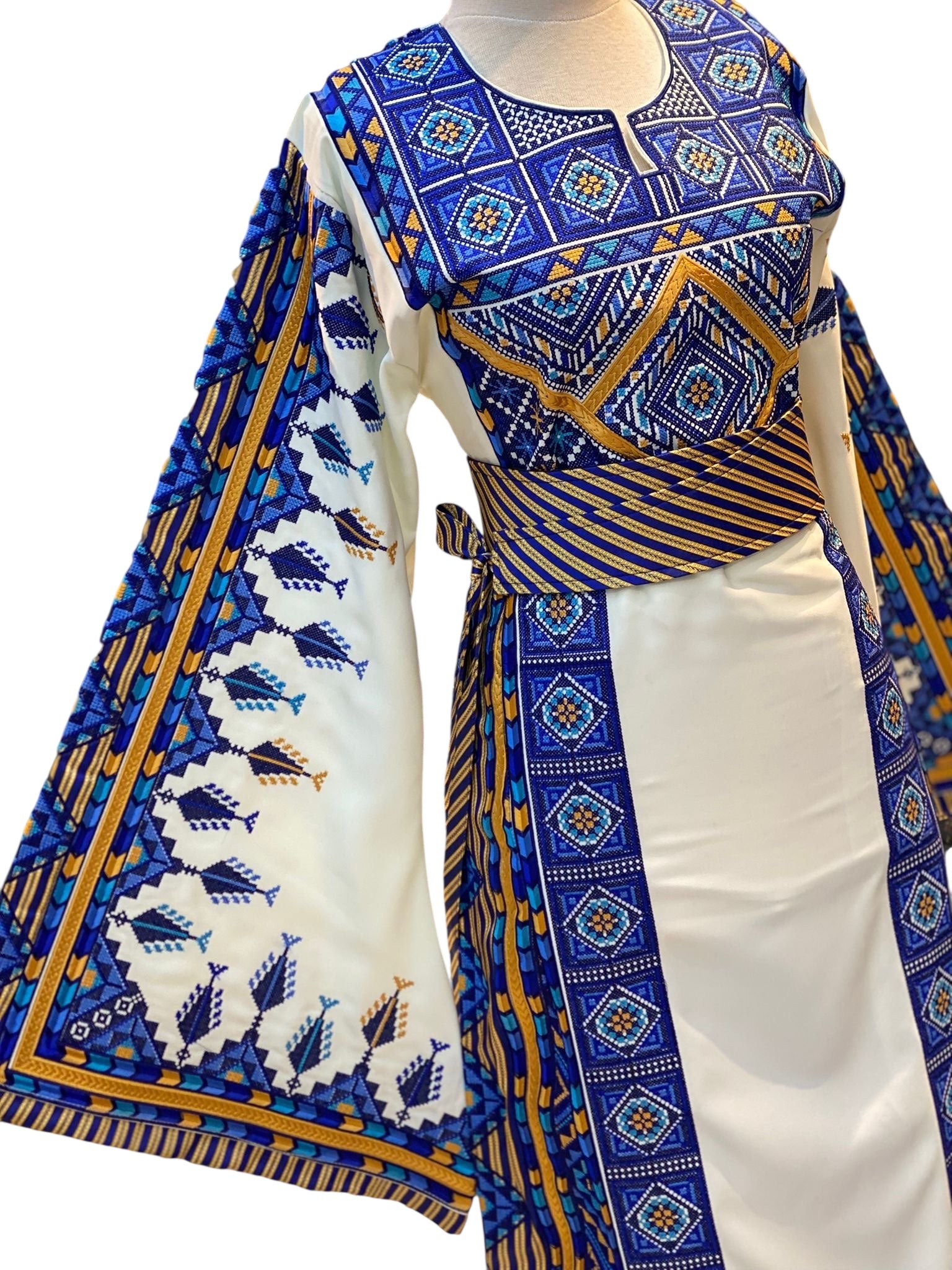 Blue Embroidered Palestinian Thobe Wide Sleeves