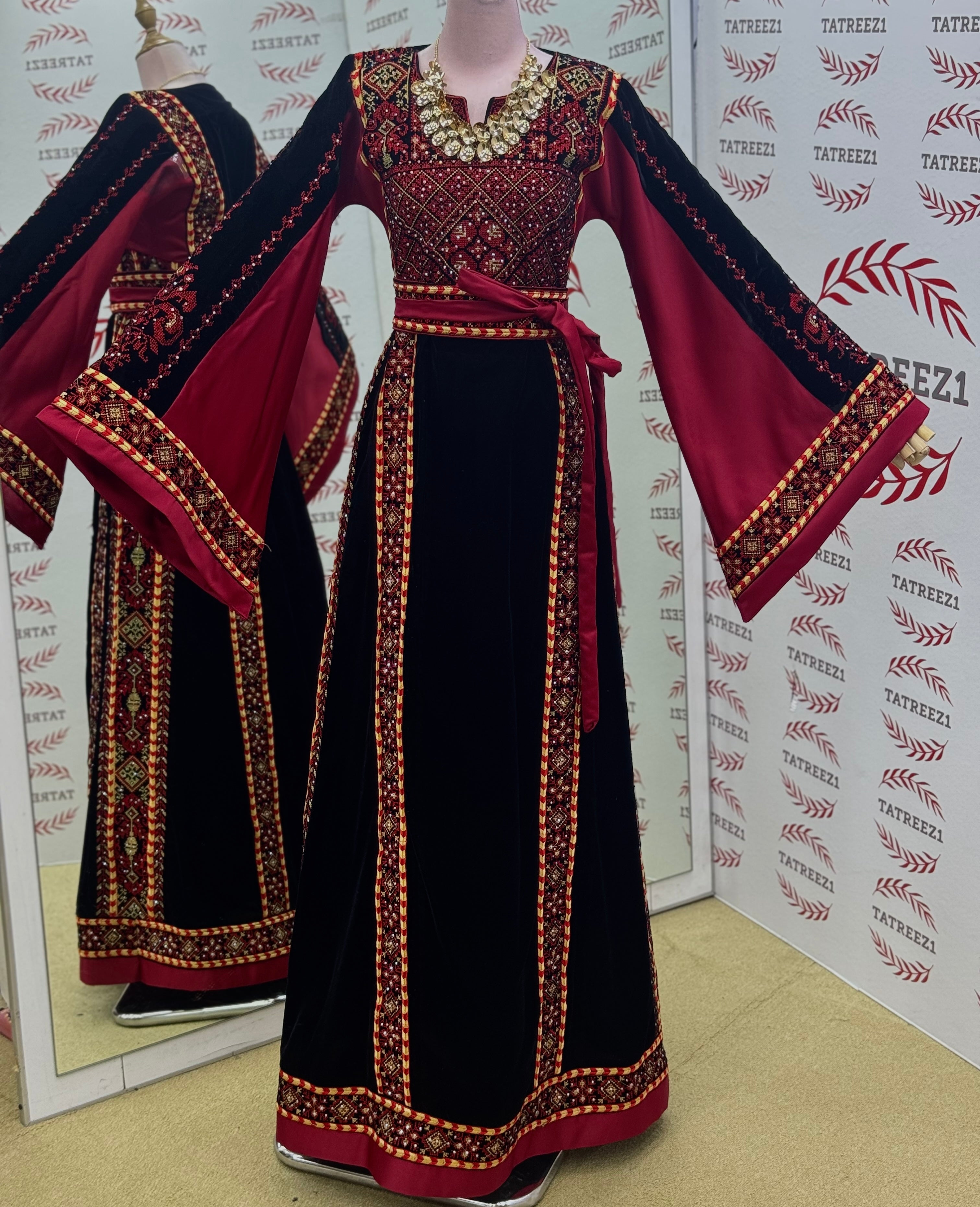 Velvet Simply Elegant Wide Sleeve Thoub Red Embroidered Palestinian Thobe