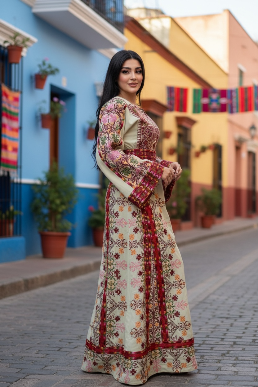 Beige & Maroon Thobe with Geometric Floral Embroidery