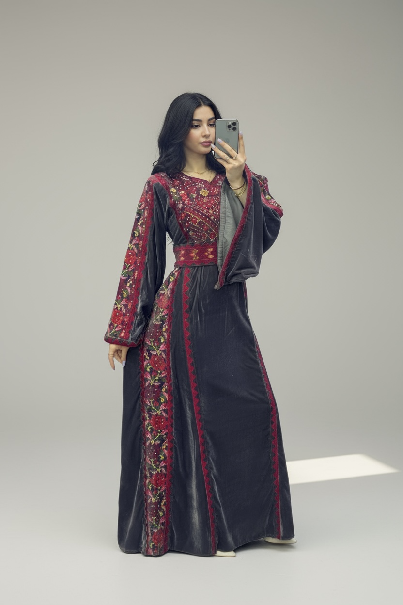 Velvet Gray Simple Elegant Embroidered Dress