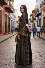 Load image into Gallery viewer, Green Covered in elegant floral Embroidered Palestinian Thobe
