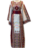 Load image into Gallery viewer, Etameen Red Embroidered Palestinian Fellahi Thobe With Kashmir belt
