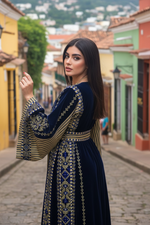 Load image into Gallery viewer, Velvet Simply Elegant Wide Sleeve Thoub Blue Embroidered Palestinian Thobe
