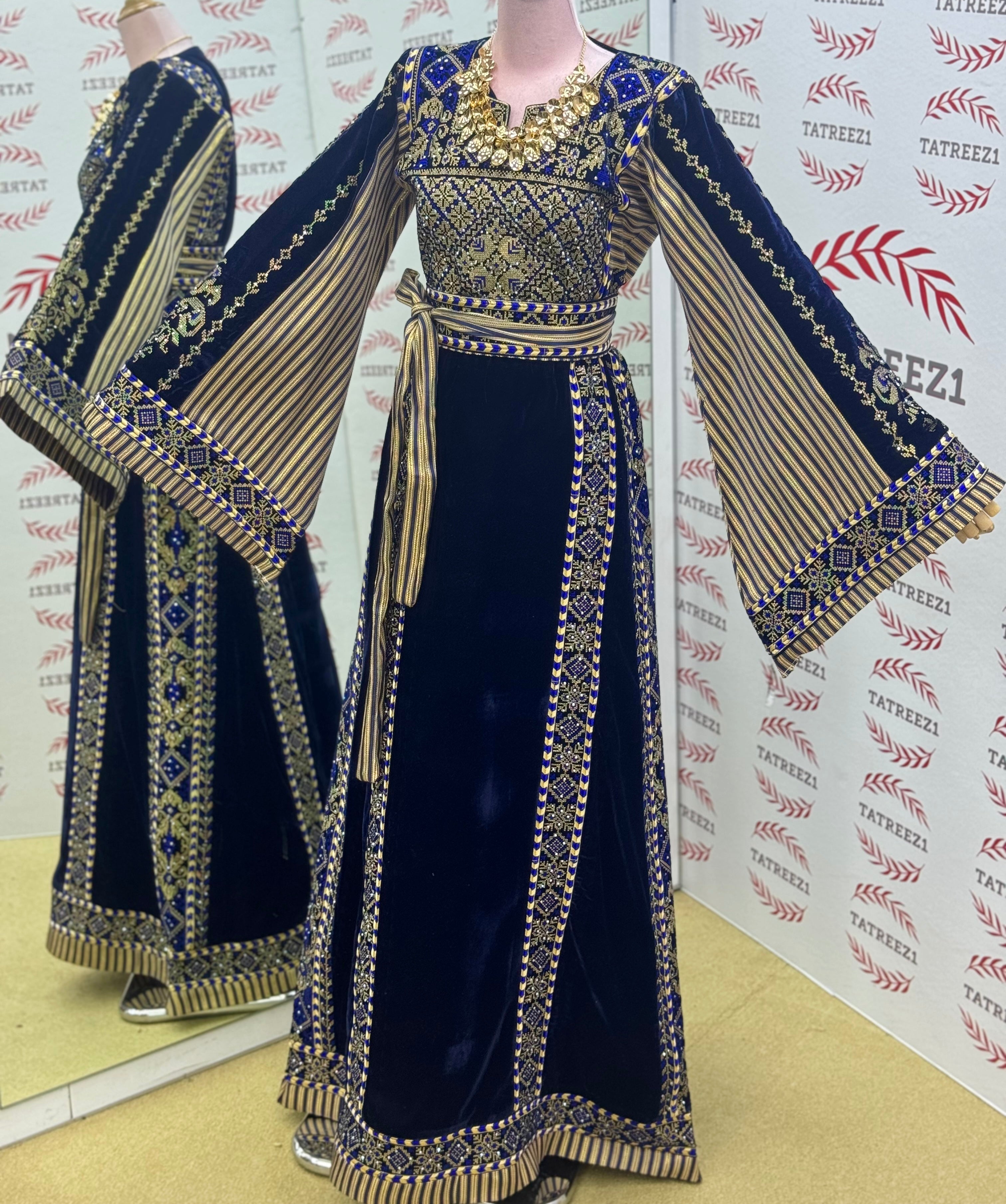 Velvet Simply Elegant Wide Sleeve Thoub Blue Embroidered Palestinian Thobe