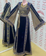 Load image into Gallery viewer, Velvet Simply Elegant Wide Sleeve Thoub Blue Embroidered Palestinian Thobe
