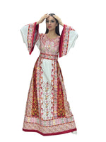 Load image into Gallery viewer, Off white Traditional Thoub Red Embroidery Wide Sleeve Elegant with Reversible Belt
