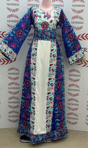 Blue Embroidered Palestinian Thobe with Wide Sleeves and Belt