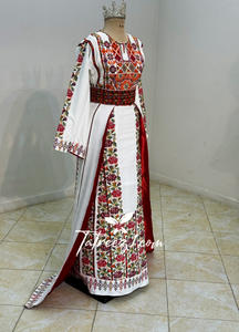 White Stunning Thoub with Floral Embroidery and Overskirt.