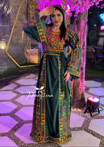 Load image into Gallery viewer, Silk Light Velvet Traditional Embroidered Green Dress With Matching Headpiece
