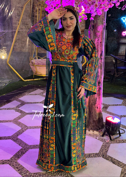 Silk Light Velvet Traditional Embroidered Green Dress With Matching He Tatreez1 Silk Light Velvet Traditional Embroidered Green Dress With Matching He Tatreez1