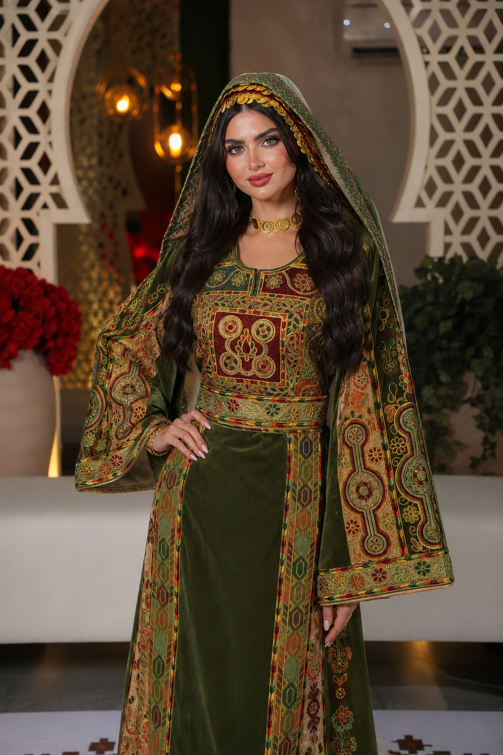 Qasab Green Malacca Silk German Velvet Thoub with Embroidery with