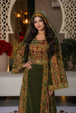 Qasab Green Malacca Silk German Velvet Thoub with Embroidery with Matching Headpiece