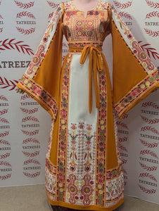 Yellow & White  Palestinian Tatreez Thobe Heritage Elegance Embroidered Dress