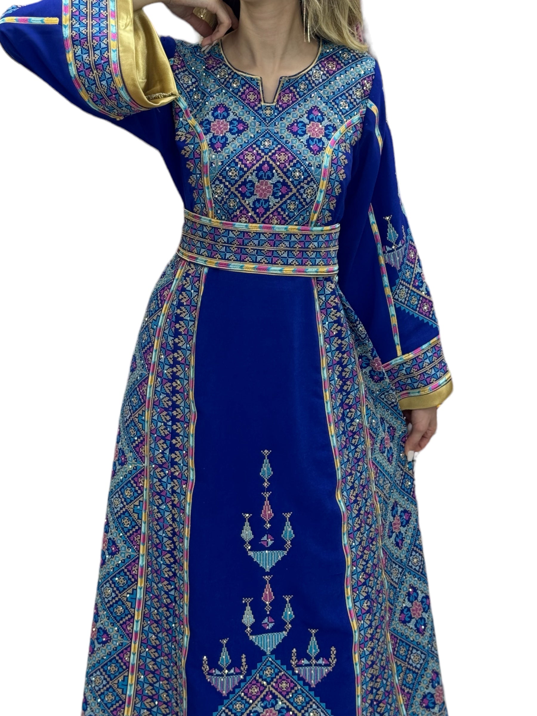 Blue Embroidery Embroidered Palestinian Thobe With Reversible Belt