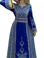 Charger l&#39;image dans la galerie, Blue Embroidery Embroidered Palestinian Thobe With Reversible Belt
