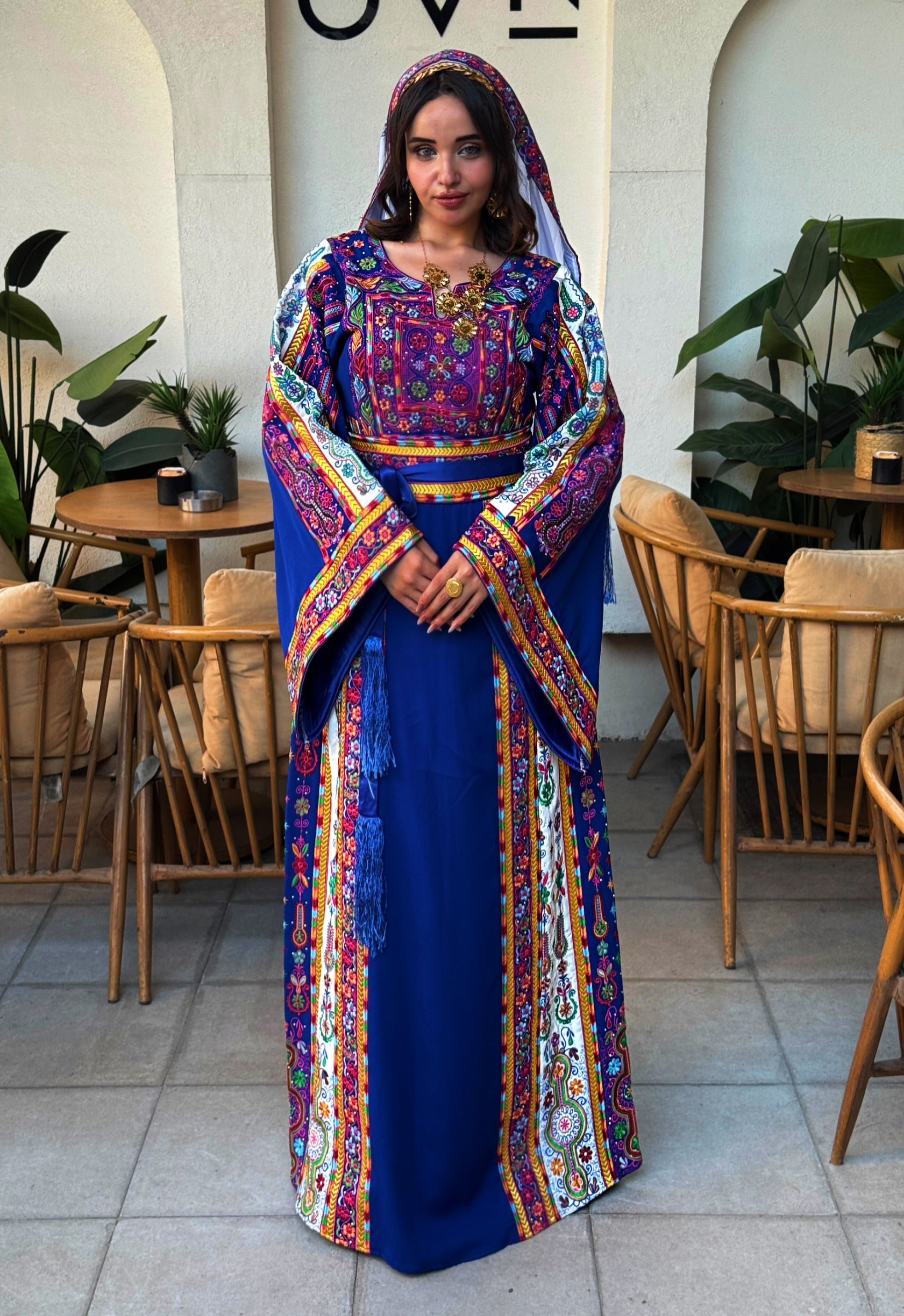Royal Blue Palestinian Thobe – Full Embroidered Elegance & Matching Headpiece