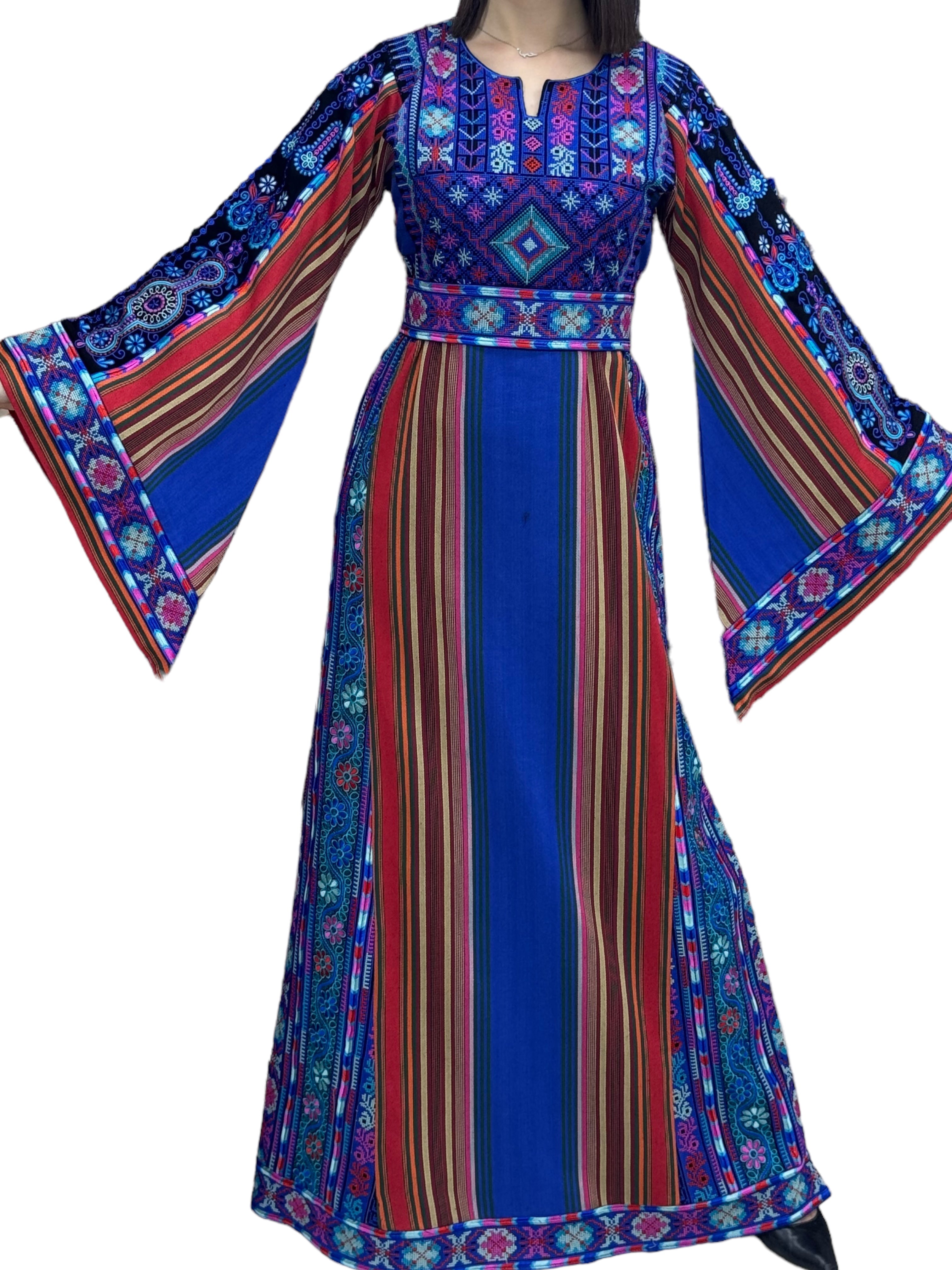 Royal Blue Multicolor Majdalway Embroidered Palestinian Fellahi Thobe