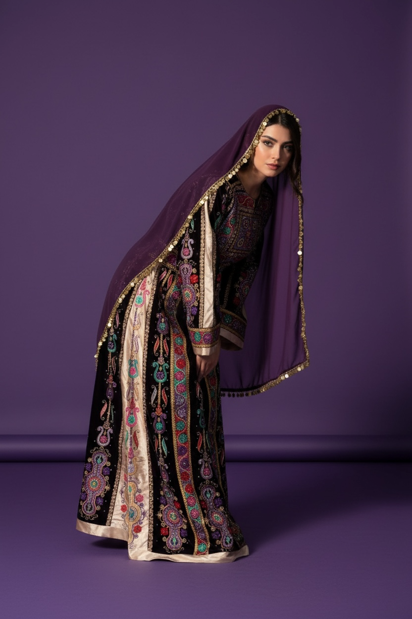 Purple Velvet Malacca Embroidered Palestinian Fellahi Thobe