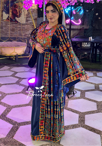 Blue Silk Light Velvet Traditional Embroidered Thoub With Matching Headpiece