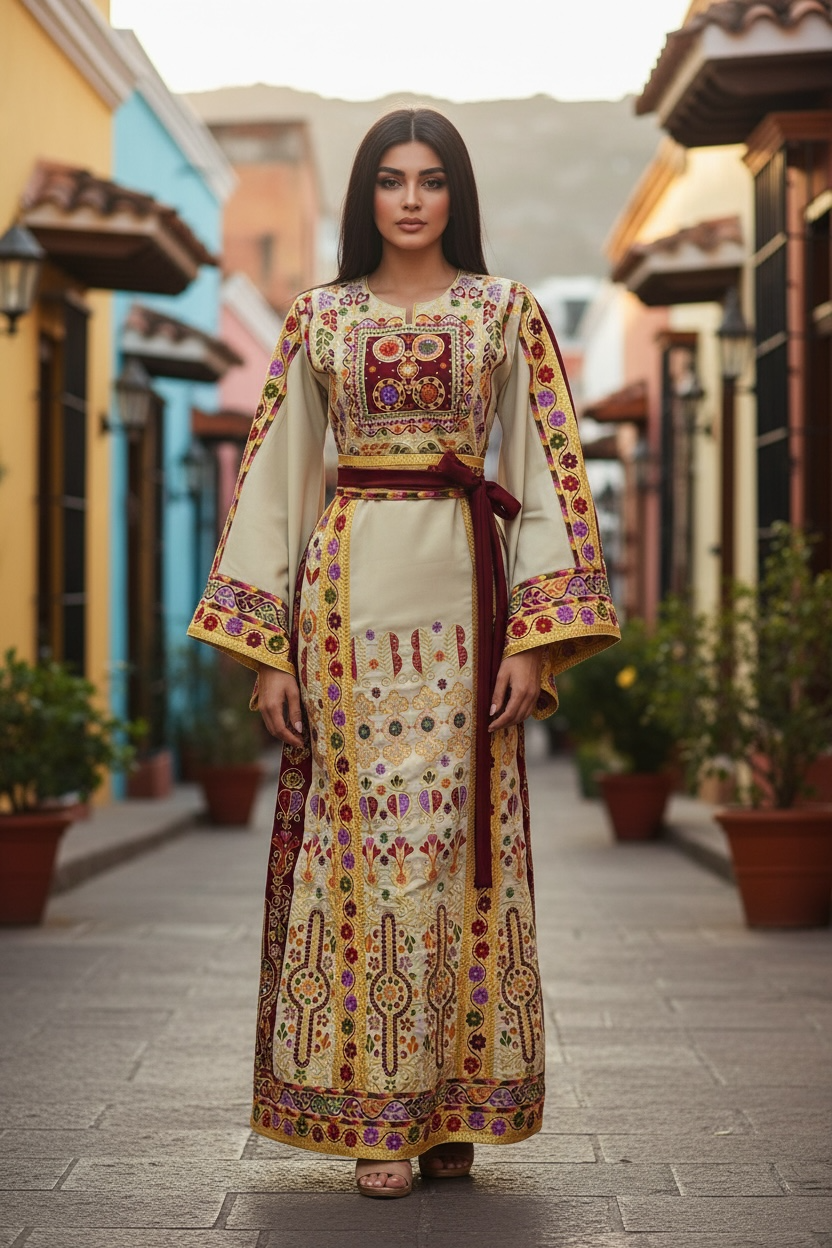Baharej Thoub Luxury Embellishments Beige Shade Embroidered Palestinian Thobe