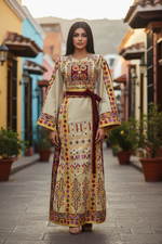 Load image into Gallery viewer, Baharej Thoub Luxury Embellishments Beige Shade Embroidered Palestinian Thobe

