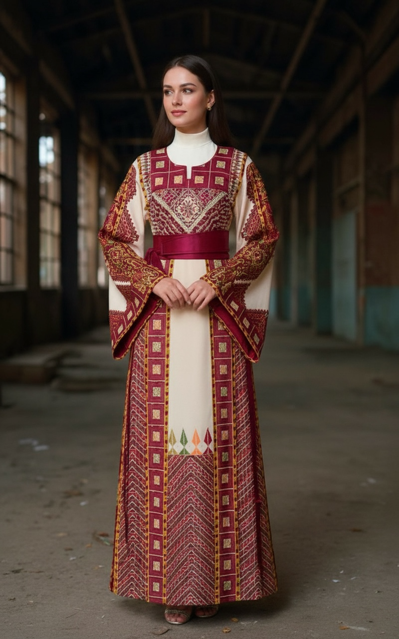 Thobe Al-Biyara Palastine Heritage Burgundy Embroidered