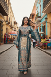 Beige thoub Blue Embroidered Palestinian Fellahi Thobe With Belt