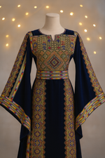 Load image into Gallery viewer, Silk Velvet Blue Thobe with Golden Stone Embroidery
